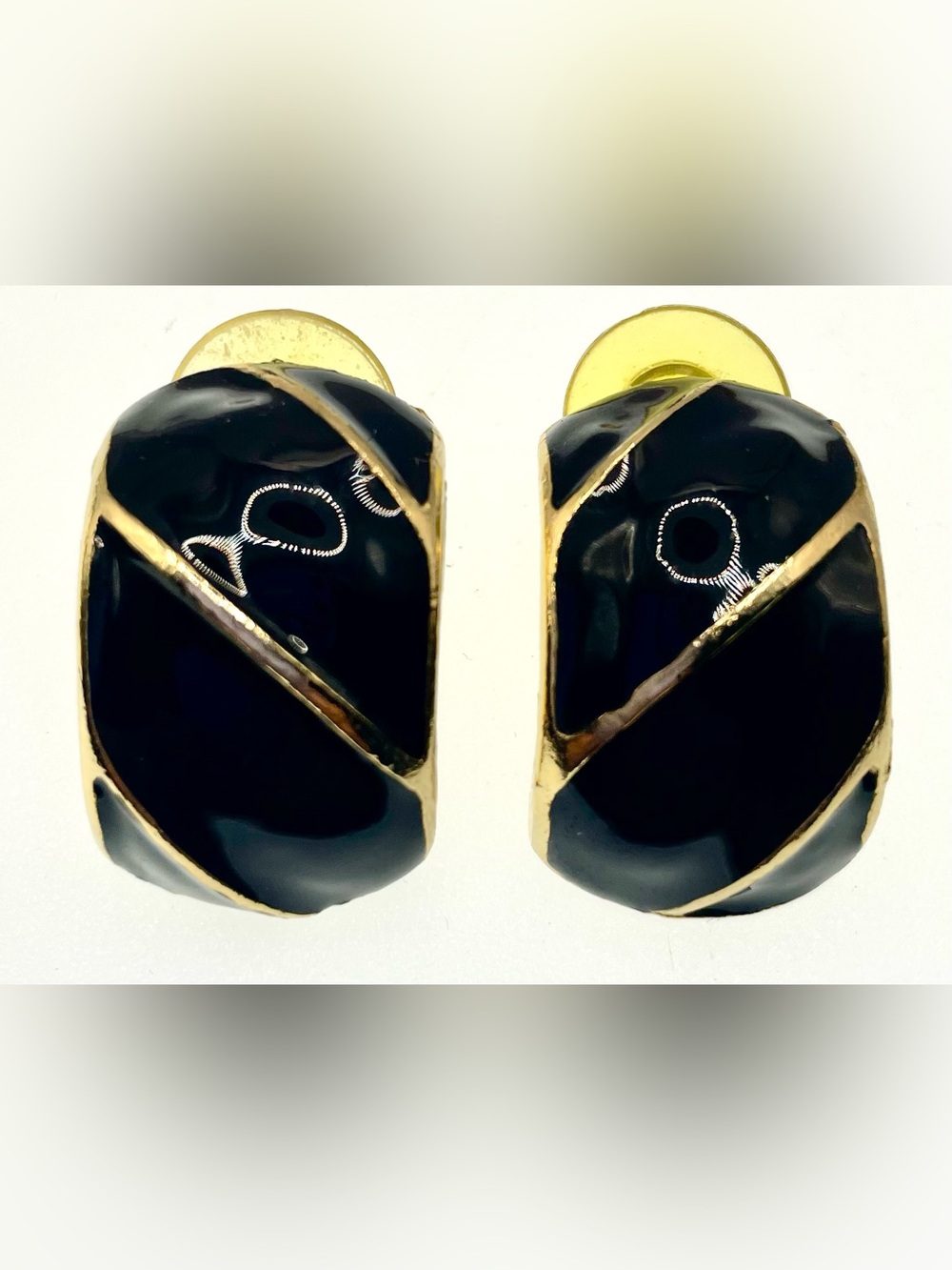Vintage 80s Black Enamel Gold Tone Half Hoop Earrings Retro Statement Pierced